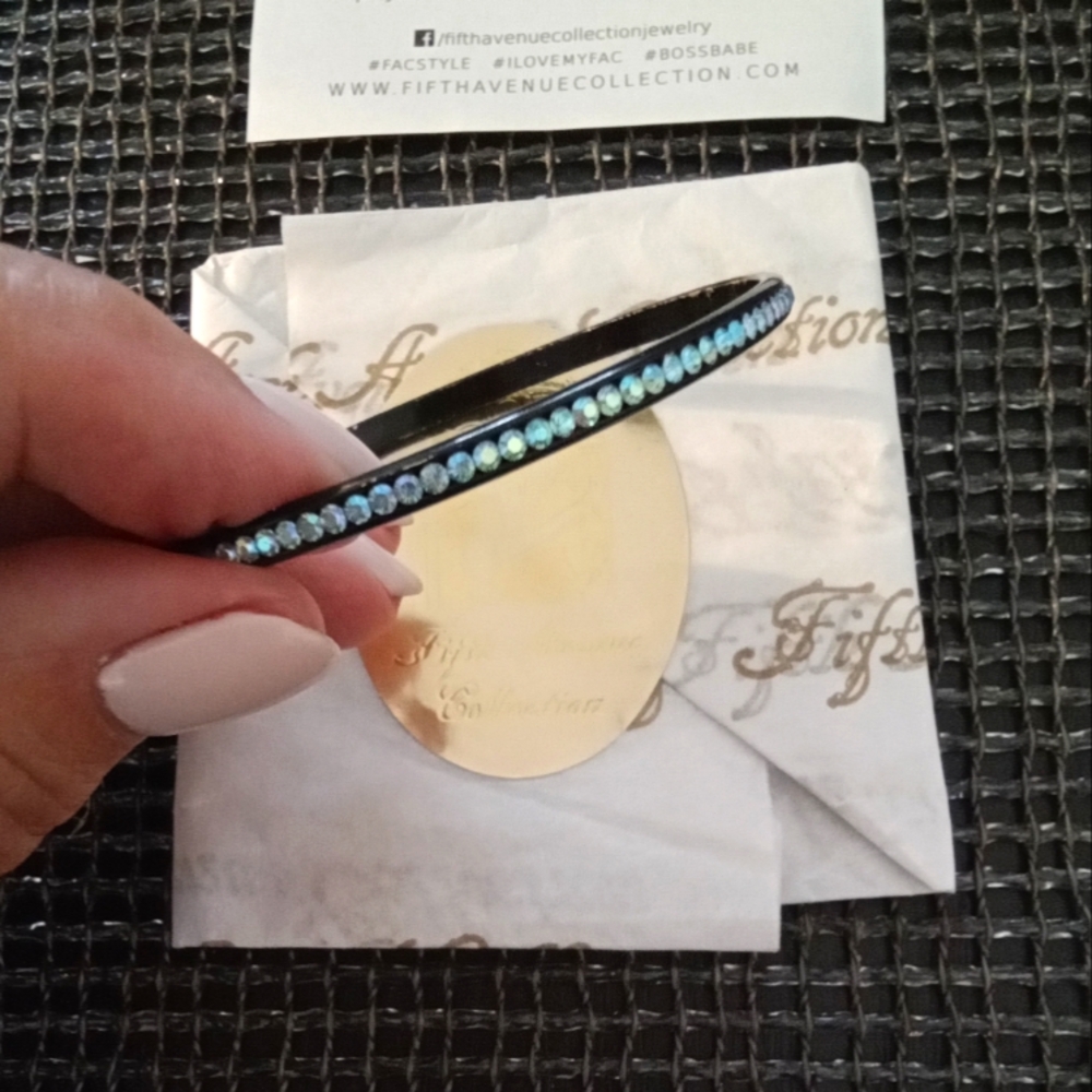 Blue Swarovski Crystals Black Bangle Bracelet S
